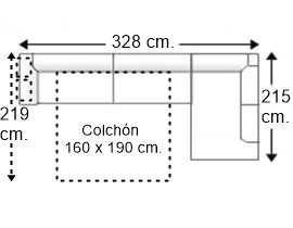 Sofá esquinero 4,5 plazas con cama apertura italiana colchón de 160 x 190 cm. brazo 2 pouf izquierda
