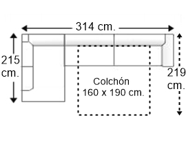 Sofá esquinero 4,5 plazas con cama apertura italiana colchón de 160 x 190 cm. brazo recto derecha