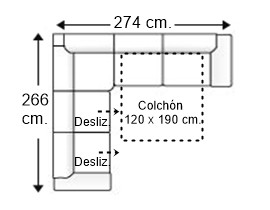 Sofá rinconera 5 plazas con cama apertura italiana colchón de 120 x 190 cm. + 2 asientos deslizantes derecha