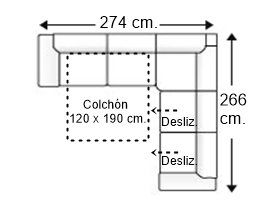 Sofá rinconera 5 plazas con cama apertura italiana colchón de 120 x 190 cm. + 2 asientos deslizantes izqda