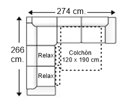 Sofá rinconera 5 plazas con cama apertura italiana colchón de 120 x 190 cm. + 2 asientos relax derecha