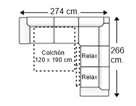 Sofá rinconera 5 plazas con cama apertura italiana colchón de 120 x 190 cm. + 2 asientos relax izquierda