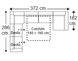 Sofá rinconera 6 plazas con chaise longue arcón y cama apertura italiana colchón de 140 x 190 cm. + 2 asientos deslizantes derecha