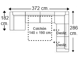 Sofá rinconera 6 plazas con chaise longue arcón y cama apertura italiana colchón de 140 x 190 cm. + 2 asientos deslizantes zquierda