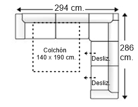 Sofá rinconera 6 plazas con cama apertura italiana colchón de 140 x 190 cm. + 2 asientos deslizantes izqda
