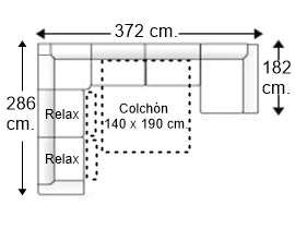 Sofá rinconera 6 plazas con chaise longue arcón y cama apertura italiana colchón de 140 x 190 cm. + 2 asientos relax derecha