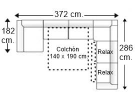 Sofá rinconera 6 plazas con chaise longue arcón y cama apertura italiana colchón de 140 x 190 cm. + 2 aientos relax izquierda