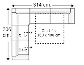 Sofá rinconera 7 plazas con cama apertura italiana colchón de 160 x 190 cm. + 2 asientos deslizantes derecha