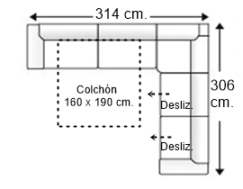 Sofá rinconera 7 plazas con cama apertura italiana colchón de 160 x 190 cm. + 2 asientos deslizantes izqda