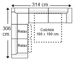 Sofá rinconera 7 plazas con cama apertura italiana colchón de 160 x 190 cm. + 2 asientos relax derecha