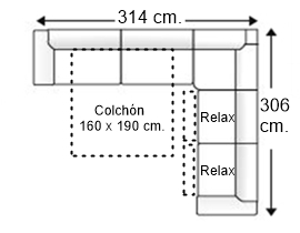 Sofá rinconera 7 plazas con cama apertura italiana colchón de 160 x 190 cm. + 2 asientos relax izquierda