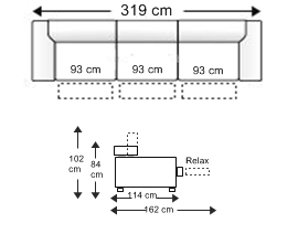 Sofá relax 7 plazas 3 asientos trimotor, brazos reducidos