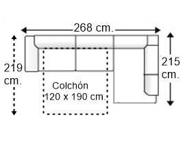 Sofá esquinero 3,5 plazas con cama apertura italiana colchón de 120 x 190 cm. y brazo reducido izquierda