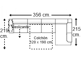Sofá esquinero 5 plazas con cama apertura italiana colchón de 120 x 190 cm. + asiento deslizante brazo 2 pouf izquierda