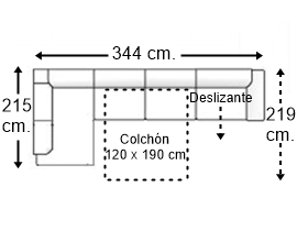 Sofá esquinero 5 plazas con cama apertura italiana colchón de 120 x 190 cm. + asiento deslizante brazo siesta y arcón derecha