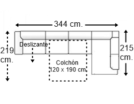 Sofá esquinero 5 plazas con cama apertura italiana colchón de 120 x 190 cm. + asiento deslizante brazo siesta y arcón izquierda
