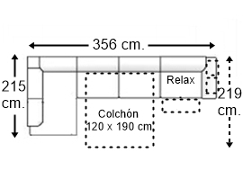 Sofá esquinero 5 plazas con cama apertura italiana colchón de 120 x 190 cm. + asiento relax y brazo 2 pouf derecha