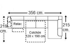 Sofá esquinero 5 plazas con cama apertura italiana colchón de 120 x 190 cm. + asiento relax brazo 2 pouf izquierda