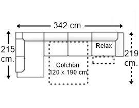 Sofá esquinero 5 plazas con cama apertura italiana colchón de 120 x 190 cm. + asiento relax y brazo recto derecha