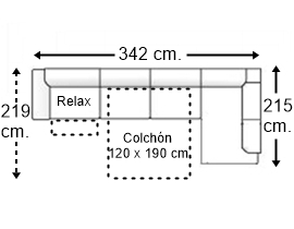 Sofá esquinero 5 plazas con cama apertura italiana colchón de 120 x 190 cm. + asiento relax brazo recto izquierda