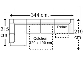 Sofá esquinero 5 plazas con cama apertura italiana colchón de 120 x 190 cm. + asiento relax brazo siesta y arcón derecha
