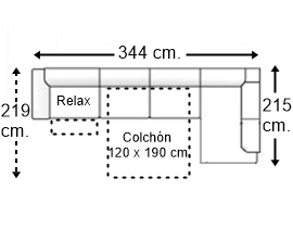 Sofá esquinero 5 plazas con cama apertura italiana colchón de 120 x 190 cm. + asiento relax brazo siesta y arcón izquierda