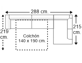 Sofá esquinero 4 plazas con cama apertura italiana colchón de 140 x 190 cm. y brazo reducido izquierda