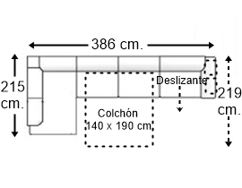 Sofá esquinero 6 plazas con cama apertura italiana colchón de 140 x 190 cm. + asiento deslizante y brazo 2 pouf derecha