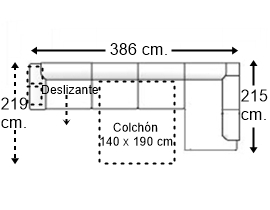 Sofá esquinero 6 plazas con cama apertura italiana colchón de 140 x 190 cm. + asiento deslizante y brazo 2 pouf izquierda