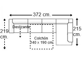 Sofá esquinero 6 plazas con cama apertura italiana colchón de 140 x 190 cm. + asiento deslizante y brazo recto izquierda