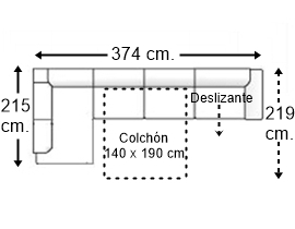 Sofá esquinero 6 plazas con cama apertura italiana colchón de 140 x 190 cm. + asiento deslizante brazo siesta y arcón derecha