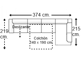 Sofá esquinero 6 plazas con cama apertura italiana colchón de 140 x 190 cm. + asiento deslizante  brazo siesta y arcón izquierda