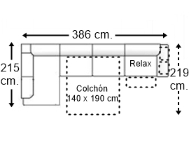 Sofá esquinero 6 plazas con cama apertura italiana colchón de 140 x 190 cm. + asiento relax y brazo 2 pouf derecha