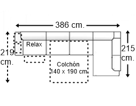 Sofá esquinero 6 plazas con cama apertura italiana colchón de 140 x 190 cm. + asiento relax y brazo 2 pouf izquierda