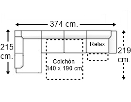 Sofá esquinero 6 plazas con cama apertura italiana colchón de 140 x 190 cm. + asiento relax brazo siesta y arcón derecha