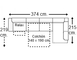 Sofá esquinero 6 plazas con cama apertura italiana colchón de 140 x 190 cm. + asiento relax y brazo recto izquierda