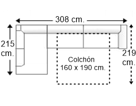 Sofá esquinero 4,5 plazas con cama apertura italiana colchón de 160 x 190 cm. brazo reducido derecha