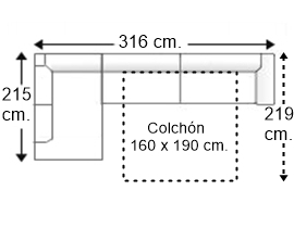 Sofá esquinero 4,5 plazas con cama apertura italiana colchón de 160 x 190 cm. brazo siesta y arcón derecha