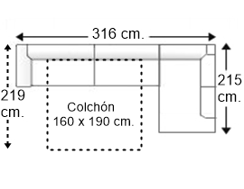Sofá esquinero 4,5 plazas con cama apertura italiana colchón de 160 x 190 cm. brazo siesta y arcón izquierda