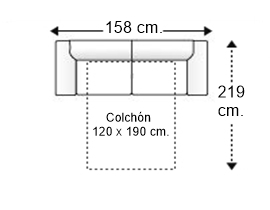 Sofá 2,5 plazas con cama apertura italiana y colchón de 120 x 190 cm. brazos reducidos 7 cm.