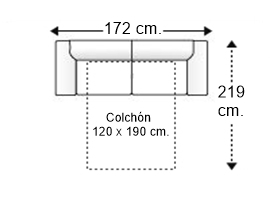 Sofá 2,5 plazas con cama apertura italiana y colchón de 120 x 190 cm. brazos de 14 cm.