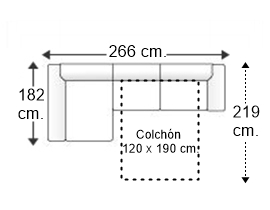 Sofá 2,5 plazas con cama apertura italiana colchón de 120 x 190 cm. con chaise longue derecha y brazos siesta y arcón de 22 cm.