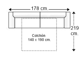 Sofá 3 plazas con cama apertura italiana y colchón de 140 x 190 cm. brazos reducidos 7 cm.