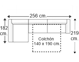 Sofá 3 plazas con cama apertura italiana colchón de 140 x 190 cm. con chaise longue derecha y brazos reducidos de 7 cm.