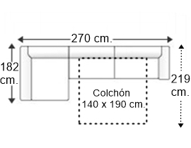 Sofá 3 plazas con cama apertura italiana colchón de 140 x 190 cm. con chaise longue derecha y brazos de 14 cm.
