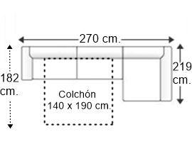 Sofá 3 plazas con cama apertura italiana colchón de 140 x 190 cm. con chaise longue izquierda y brazos de 14 cm.