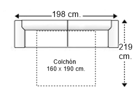 Sofá 3,5 plazas con cama apertura italiana y colchón de 160 x 190 cm. brazos reducidos 7 cm.