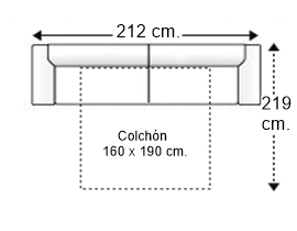Sofá 3,5 plazas con cama apertura italiana y colchón de 160 x 190 cm. brazos de 14 cm.