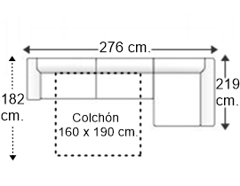 Sofá 3,5 plazas con cama apertura italiana colchón de 160 x 190 cm. con chaise longue izquierda y brazos reducidos de 7 cm.