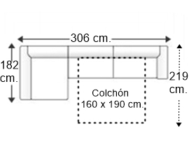 Sofá 3,5 plazas con cama apertura italiana colchón de 160 x 190 cm. con chaise longue derecha y brazos siesta y arcón de 22 cm.